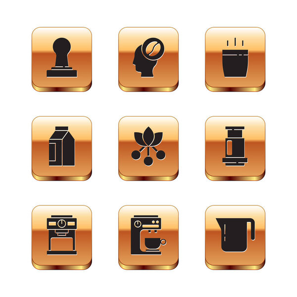 Комплект Coffee tamper, машина, фасоль, ветка, мешок кофе фасоль, чашка, горшок и значок Barista. Вектор