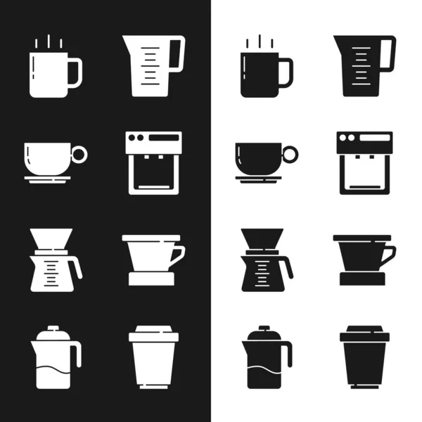 Set Cafetera, taza, vaso de jarra con agua, Verter sobre cafetera, V60, para llevar y icono de la prensa francesa. Vector — Vector de stock