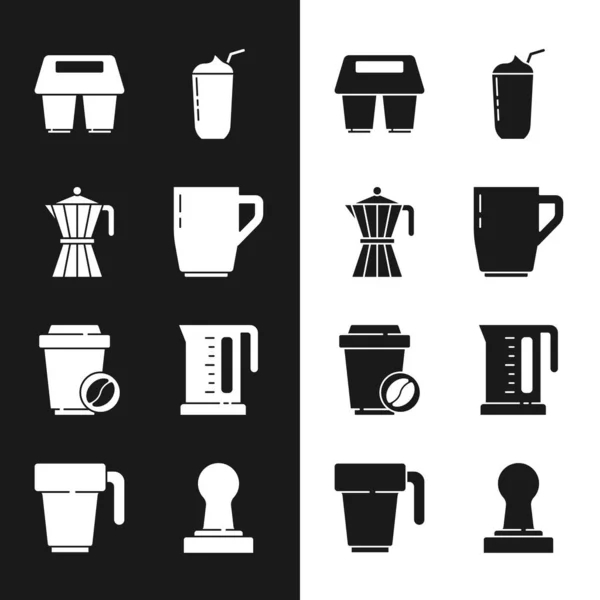 Set Taza de café, moca pot, para llevar, batido, hervidor eléctrico, manipulación e icono. Vector — Vector de stock