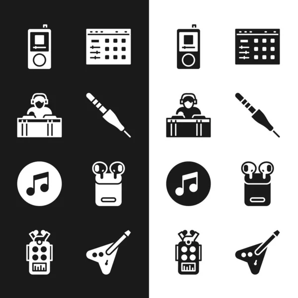 Set Audio jack, DJ playing music, Music player, Drum machine, note, tone, Air headphones box, Electric bass guitar and Microphone icon. Vector — Stock Vector