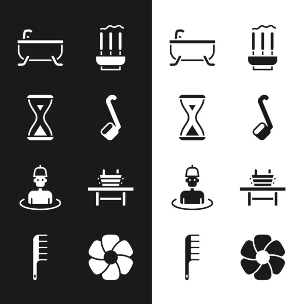 Комплект сауны, хоругви, батун, палочки для ладана, человек в сауне, скамейка с ведром, икона "Цветок" и "Хайркиш". Вектор — стоковый вектор