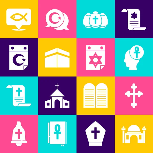 Conjunto de Mezquita Musulmana, Cruz cristiana, Cruz ankh, huevo de Pascua, Kaaba mezquita, Estrella y media luna, peces y el icono del calendario judío. Vector — Vector de stock