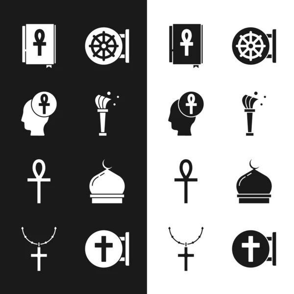 Set Aspergillum, Kreuz ankh, Buch, Dharma-Rad, muslimische Moschee, christliches Kreuz und auf Kettensymbol. Vektor — Stockvektor