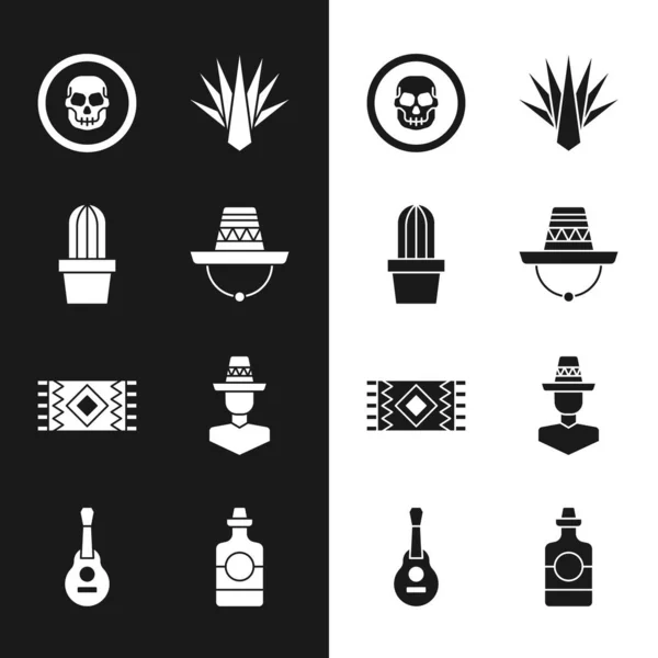 Conjunto de sombrero mexicano, cactus o suculentas en olla, moneda de cráneo, agave, alfombra, hombre, botella de tequila e icono de la guitarra. Vector — Vector de stock
