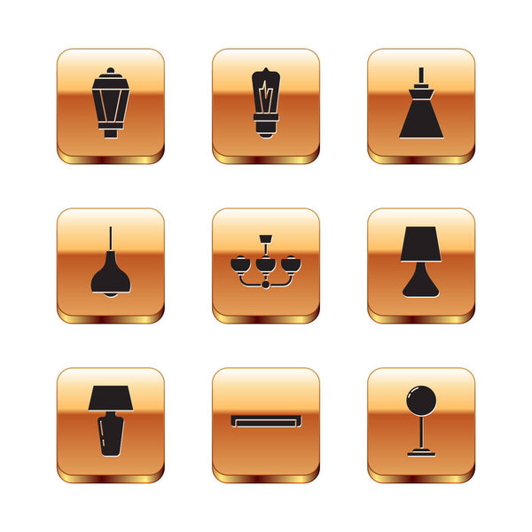 Установить Сад лампа, стол, флюоресцентный, люстра, лампа висит, пол и лампочка значок. Вектор