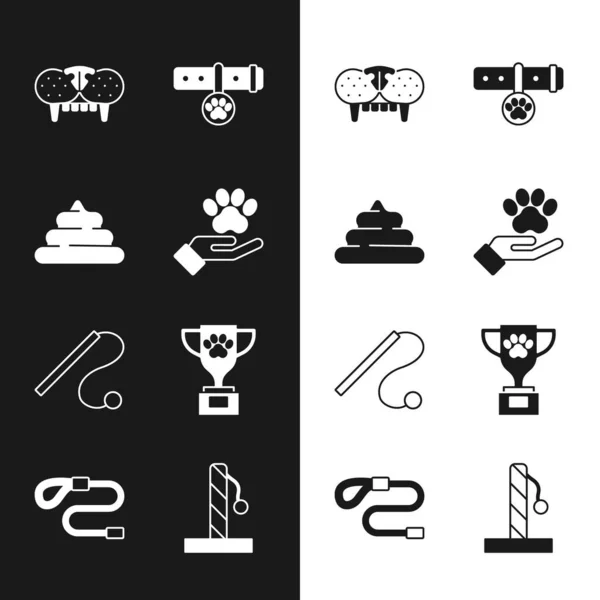 Set Hands with animals footprint, Shit, Cat tooth, Collar name tag, Pet cat toy, award, scratching post and Retractable cord leash icon. Vector — Stockvektor