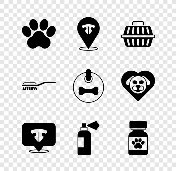 Set Paw print, nariz de gato, caso de transporte de animais de estimação, shampoo, garrafa de remédio e pílulas, escova de cabelo para gato cão e ícone de colarinho de cão. Vetor — Vetor de Stock