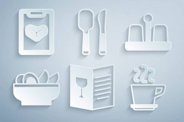 Restoran kafe menüsü, tuz ve biber, tabakta nachos, kahve fincanı, kaşık bıçak ve ikon. Vektör