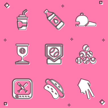 Kağıt bardakta su, bir şişe beysbol şapkası, ödül kupası beyzbolu, Monitör oyunu ve Hotdog sandviç ikonu. Vektör