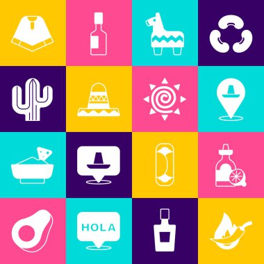 Kırmızı biber, limonlu tekila şişesi, Meksika sombrerosu, Pinata, Kaktüs, Poncho ve Sun ikonu. Vektör