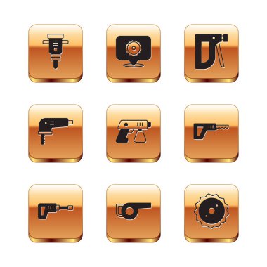 İnşaat matkabı, döner matkap, yapraklı bahçe üfleyici, boya spreyi, elektrikli yapboz, zımba, dairesel bıçak ve ikon. Vektör