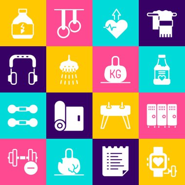 Smart saatini kalp, dolap ya da soyunma odası, vitaminler, kalp atışı artışı, duş, kulaklık, spor beslenme ve kilo ikonu ile ayarla. Vektör