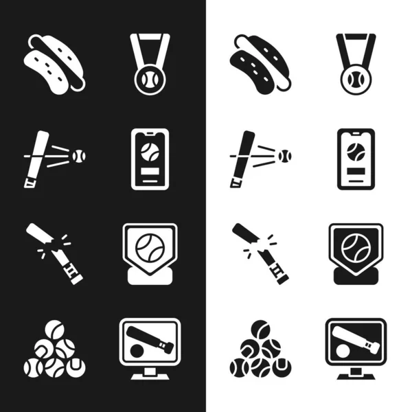 Set Mobile with baseball ball, Baseball bat, Hotdog sandwich, Medal, Broken, Monitor game and icon. Vector — Stock Vector
