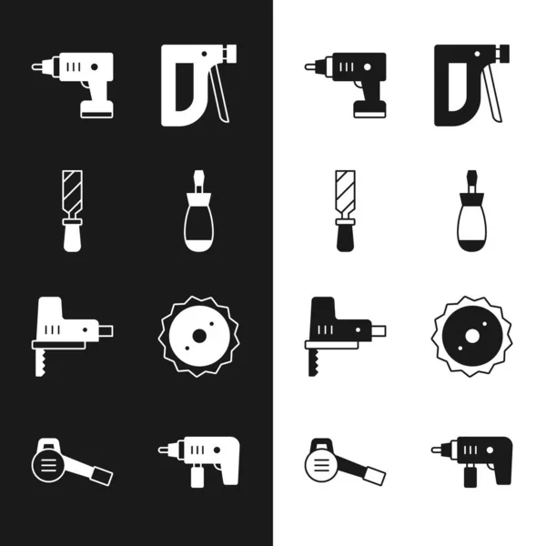 Set Screwdriver, Rasp metal file, Electric cordless screwdriver, Construction stapler, jigsaw, Circular blade, drill machine and Leaf garden blower icon. Vector — Stock Vector