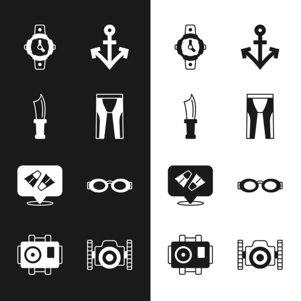 Set Traje de neopreno para buceo, Cuchillo de buceo, reloj, ancla, aletas nadando, gafas, cámara fotográfica buceador e icono. Vector — Archivo Imágenes Vectoriales