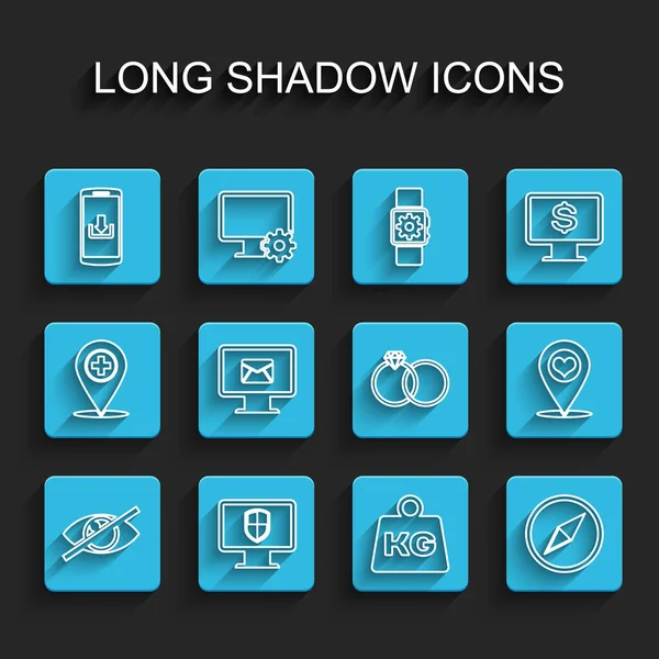 Définir la ligne Invisible ou masquer, Moniteur et bouclier, Smartphone avec téléchargement, Poids, Rose des vents, enveloppe, Pointeur de carte coeur et Anneaux de mariage icône. Vecteur — Image vectorielle