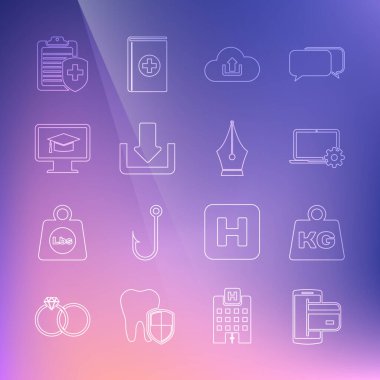 Hat NFC Ödeme, Ağırlık, Dizüstü bilgisayar ve teçhizat, Bulut Yükleme, İndirme, Mezuniyet şapkası, Pano sağlık sigortası ve dolmakalem ucu simgesi. Vektör