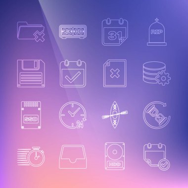 Satır Takvimini onay işareti, Bekleme, veritabanı sunucusu, Disket diski, dizin ve dosya belgesi simgesi ile ayarla. Vektör