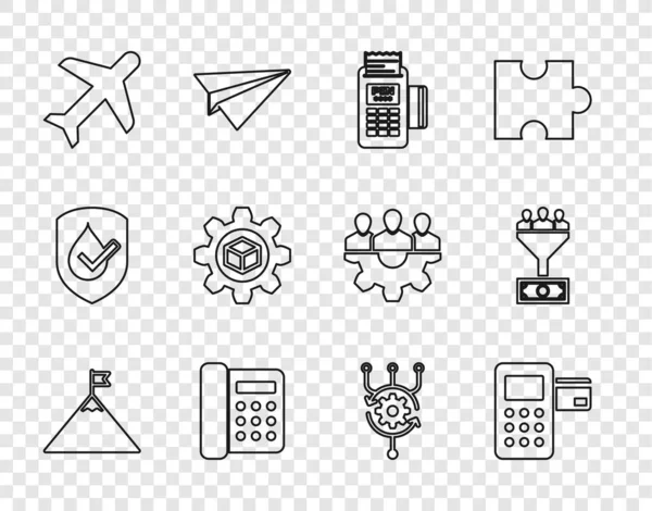 Set line Mountains and flag, Pos terminal, POS, Telephone, Plane, Product development, Algorithm and Lead management icon. Vector — Vector de stock