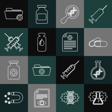 Biyomühendislik, DNA araştırması, arama, ilaç hapı ya da tablet, ilaç şişesi, ampul, çapraz şırınga, sağlık kayıtları klasörü ve klinik ikonu ayarla. Vektör