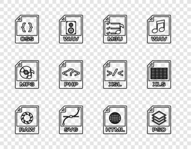 Ham dosya belgesi, PSD, M3U, SVG, CSS, PHP, HTML ve XLS simgesini ayarla. Vektör
