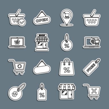 Satır belirle, alışveriş arabasını kaldır, Bedava fiyat etiketi, dizüstü bilgisayarda alışveriş, konum, market, sepet, kontrol işareti ve yüzde indirim simgesi. Vektör