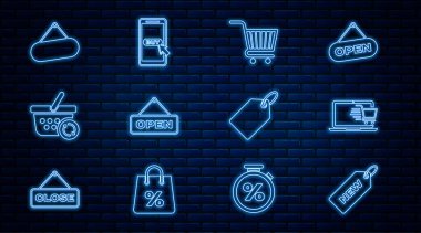 Fiyat etiketini dizüstü bilgisayarda yeni alışveriş arabası, asma işareti açık kapı, yenileme alışveriş sepeti, tabela asma, etiket şablon fiyatı, mobil ve simge ile ayarla. Vektör