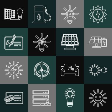 Sıralı şirin güneş, güneş prizi, güneş enerjisi paneli ve bataryası, ampul teçhizatı, imzalı belge, ışık ve ikon. Vektör