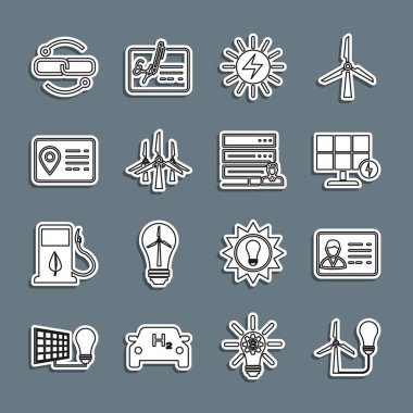 Rüzgar türbinli ampul, kimlik kartı, güneş enerjisi paneli, rüzgar türbinleri, adres defteri, zincir hattı ve müşteri hizmetleri sunucu simgesini ayarlayın. Vektör