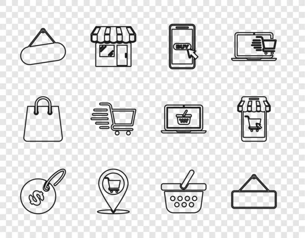 Set line Preisschild mit Dollar, Schild hängen, Handy und Warenkorb, Standort, Einkaufen, Warenkorb und Symbol. Vektor — Stockvektor