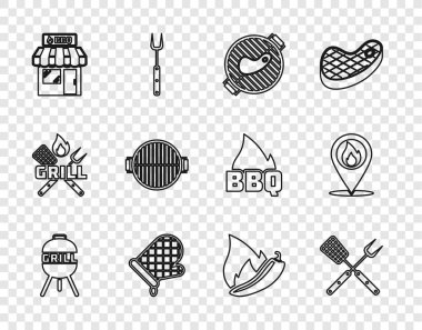 Barbekü ızgarası, çapraz çatal ve spatula, biftek, fırın eldiveni, alışveriş binası, acı biber kapsülü ve konum ateş ikonu. Vektör