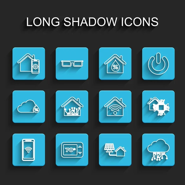 設定ラインモバイルwi-fiワイヤレス、サーモスタット、スマートホームリモートコントロールシステム、ハウスソーラーパネル、物事のインターネット、およびアイコンと。ベクトル — ストックベクタ