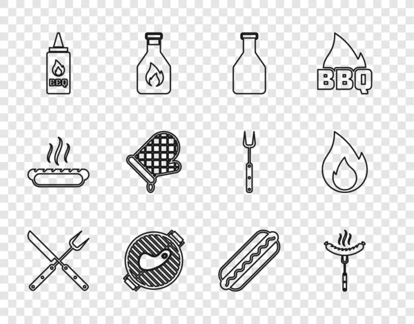 设置线交叉叉和刀，香肠在之上，厨房的瓶子，烧烤牛排，烤箱手套，热狗三明治和火焰图标。B.病媒 — 图库矢量图片