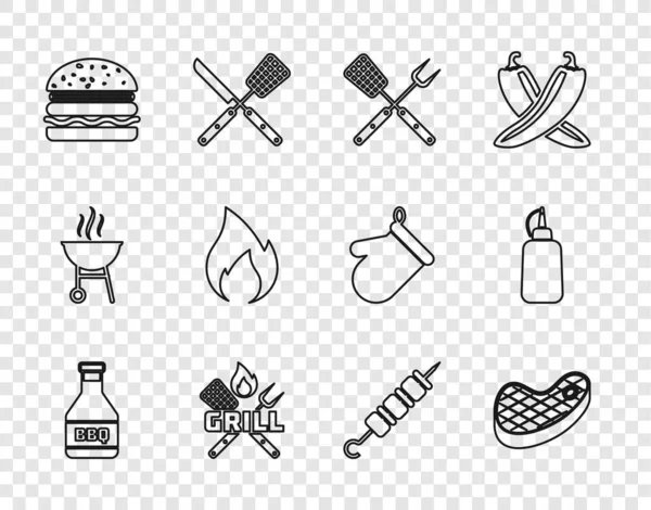 采购产品设置行Ketchup瓶子，牛排肉，交叉叉和叉叉，汉堡，火焰，烤什锦烤面包和芥末图标。B.病媒 — 图库矢量图片
