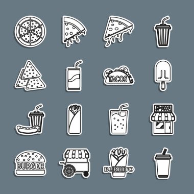 Bardak, su, Pizzeria bina cephesi, dondurma, pizza dilimi, soda, saman, Nachos, Pizza ve Taco tortilla ikonu. Vektör