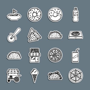 Pizza, soda kutusu, saman, karton kutu, donut, nachos, bıçak, tabak ve Taco tortilla ikonu. Vektör