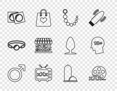 Erkek cinsiyet sembolü, Seks, Anal boncuklu film makarası, TV eski televizyonu, paket kondomlar, atölye inşaatı, güvenli seks ve kafa 18 artı ikon. Vektör