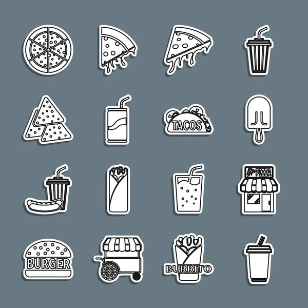 Bardak, su, Pizzeria bina cephesi, dondurma, pizza dilimi, soda, saman, Nachos, Pizza ve Taco tortilla ikonu. Vektör — Stok Vektör
