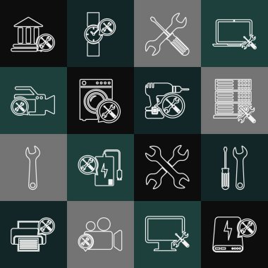 Hat hattı güç bankası servisi, tornavida ve anahtar, veritabanı sunucusu, çapraz tornavida, çamaşır makinesi, video kamera, banka binası ve matkap ikonu. Vektör