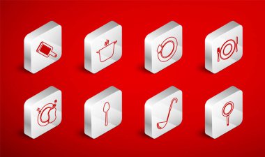 Hattı kurun, tava, tencere, bulaşık, tabak, çatal ve bıçak, mutfak kepçesi, Grater, Spoon ve ikon. Vektör