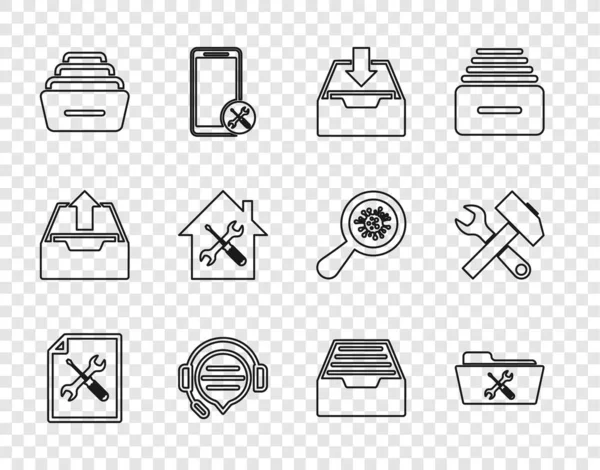 Set line File document service, Folder, Download inbox, Headphones with speech bubble chat, Drawer documents, House, and Crossed hammer and wrench icon. Vector — Stock Vector