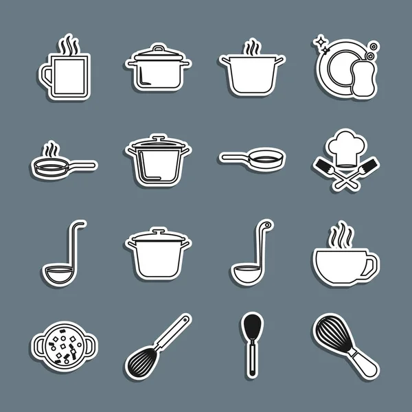 Set lijn Keukengarde, Koffiebeker, Koksmutsen en vork, Kookpot, Braadpan en icoon. Vector — Stockvector