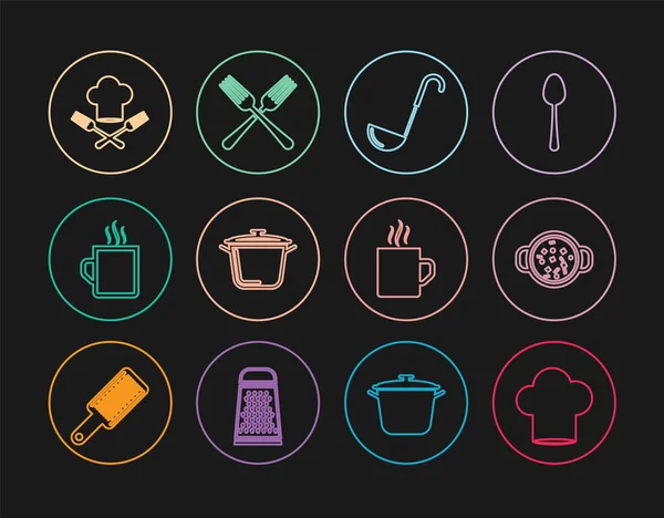 Ställ linje Chef hatt, Matlagningssoppa i gryta, Köksskopa, Kaffe kopp, och gaffel, och Crossed ikon. Vektor — Stock vektor