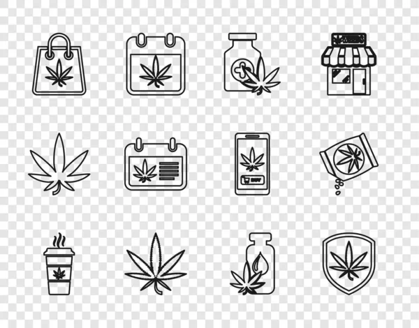 Définir la ligne café tasse avec de la marijuana, Bouclier et, Flacon médical, Feuille de marijuana ou de cannabis, Sac à provisions, Calendrier, icône de l'huile et des graines. Vecteur — Image vectorielle