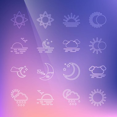 Güneş, Bulut, Güneş tutulması, Günbatımı, Ay ve yıldızlar ve ikon. Vektör