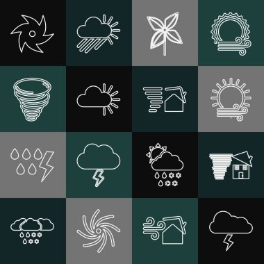 Fırtına, kasırga girdabı, rüzgar ve güneş, fırıldak, bulut ve ikon. Vektör