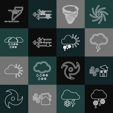Bulut 'u kar ve yağmurla, Kasırga girdabıyla, Fırtınayla, Rüzgarla ve Bulutlu ikonla donatın. Vektör