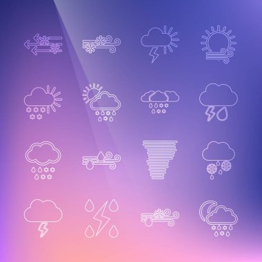 Kara, yağmura, aya ve yıldırıma, fırtınaya, güneşe, bulutlara, rüzgara ve ikona sahip bir çizgi çiz. Vektör