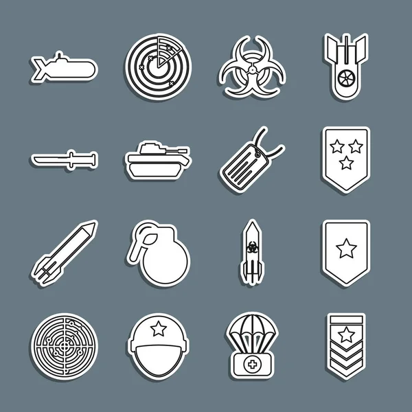 Set line Chevron, Biohazard symbol, Military tank, knife, Submarine and dog tag icon. Vector — Stock Vector