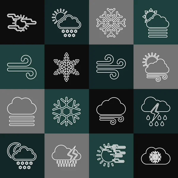 Establecer línea Nube con nieve, lluvia y relámpagos, tiempo ventoso, Copo de nieve, niebla sol y el icono. Vector — Archivo Imágenes Vectoriales